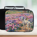 Lunch bag with a dalmatian dog and floral field design on a white background