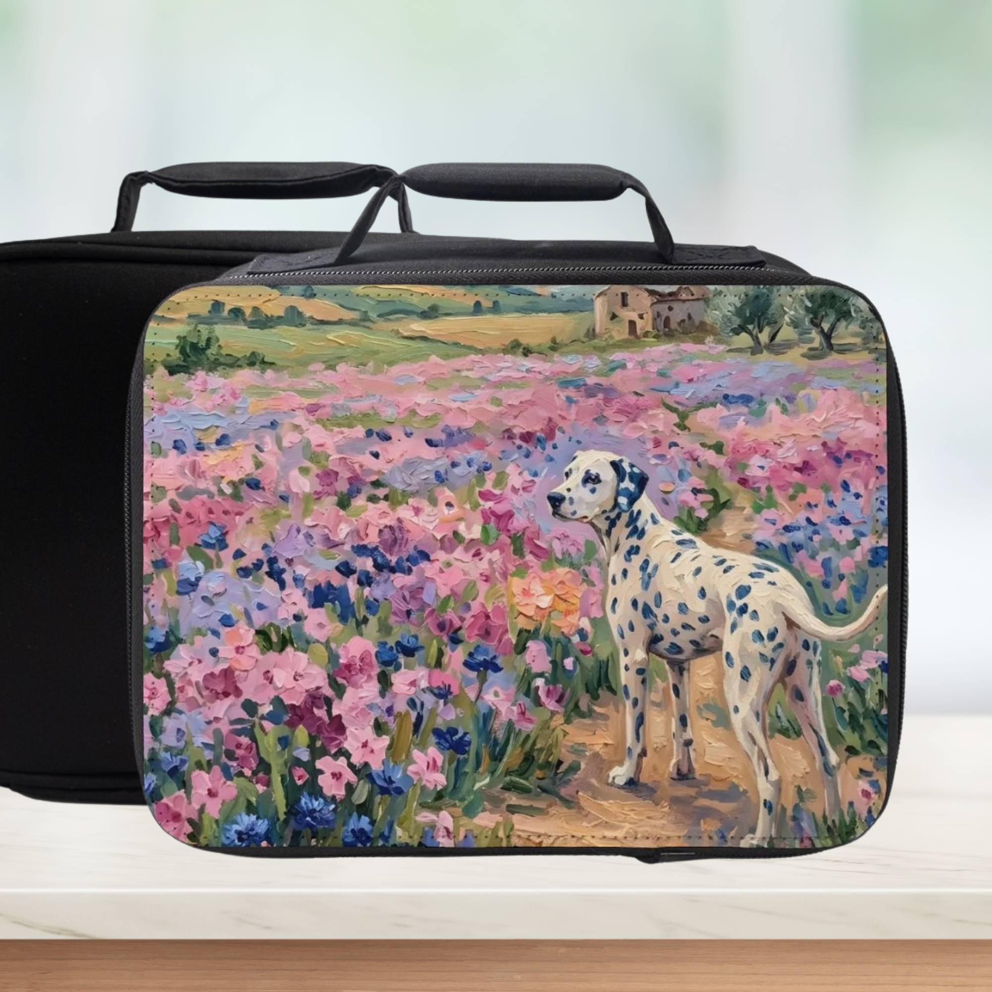 Lunch bag with a dalmatian dog and floral field design on a white background