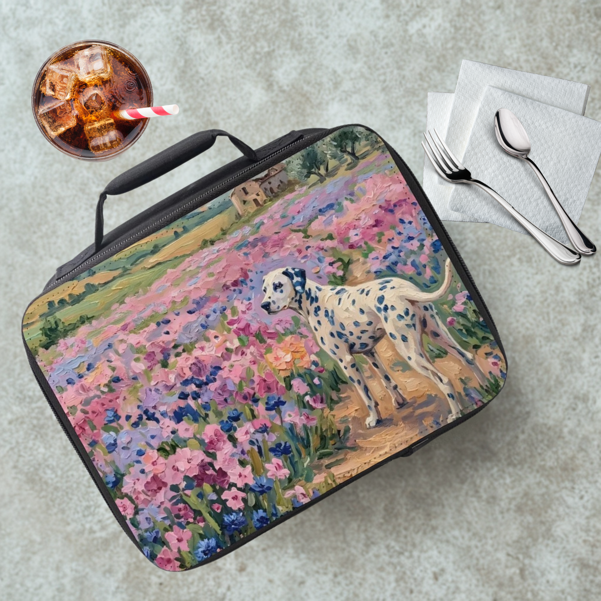 insulated lunch bag with a Dalmatian dog and floral design on a cafeteria table with a drink and utensils.