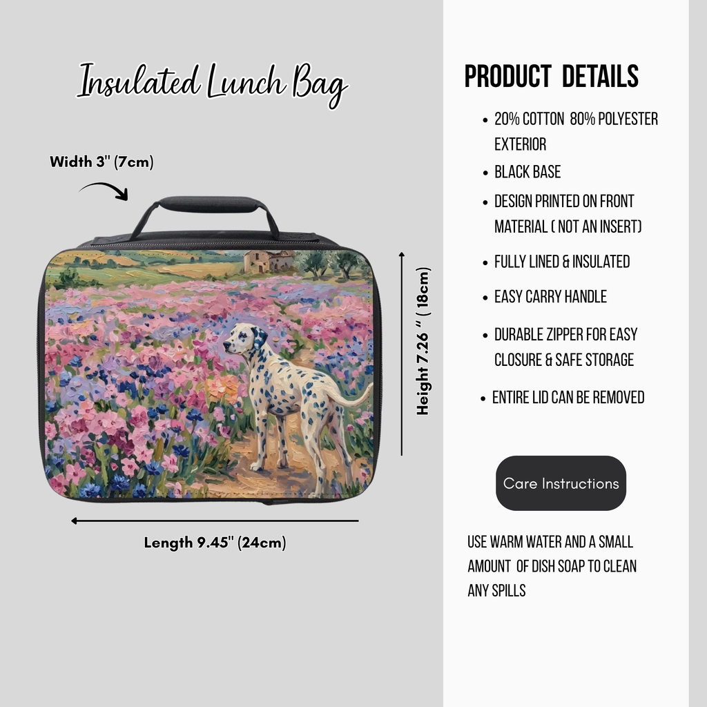 Insulated lunch bag with a Dalmatian  dog and floral design, featuring product details on a gray background.