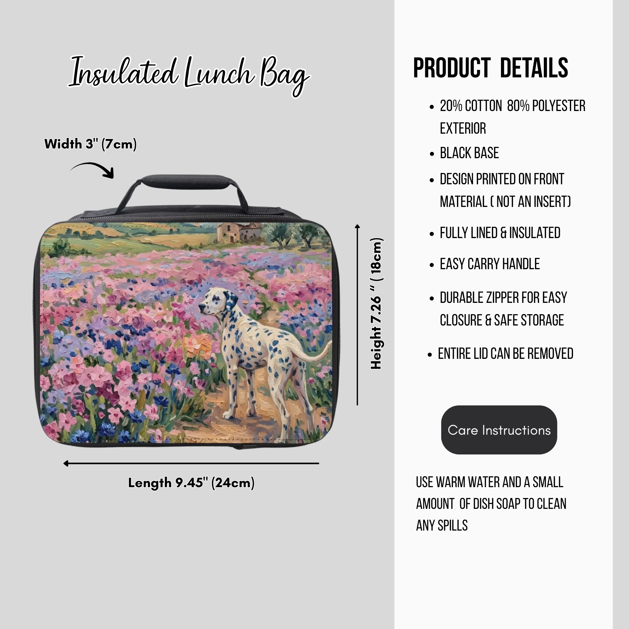 Insulated lunch bag with a Dalmatian  dog and floral design, featuring product details on a gray background.