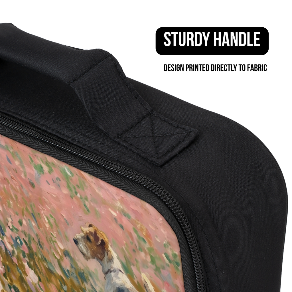Black lunch bag with a fox terrier dog design on fabric, featuring a sturdy handle.