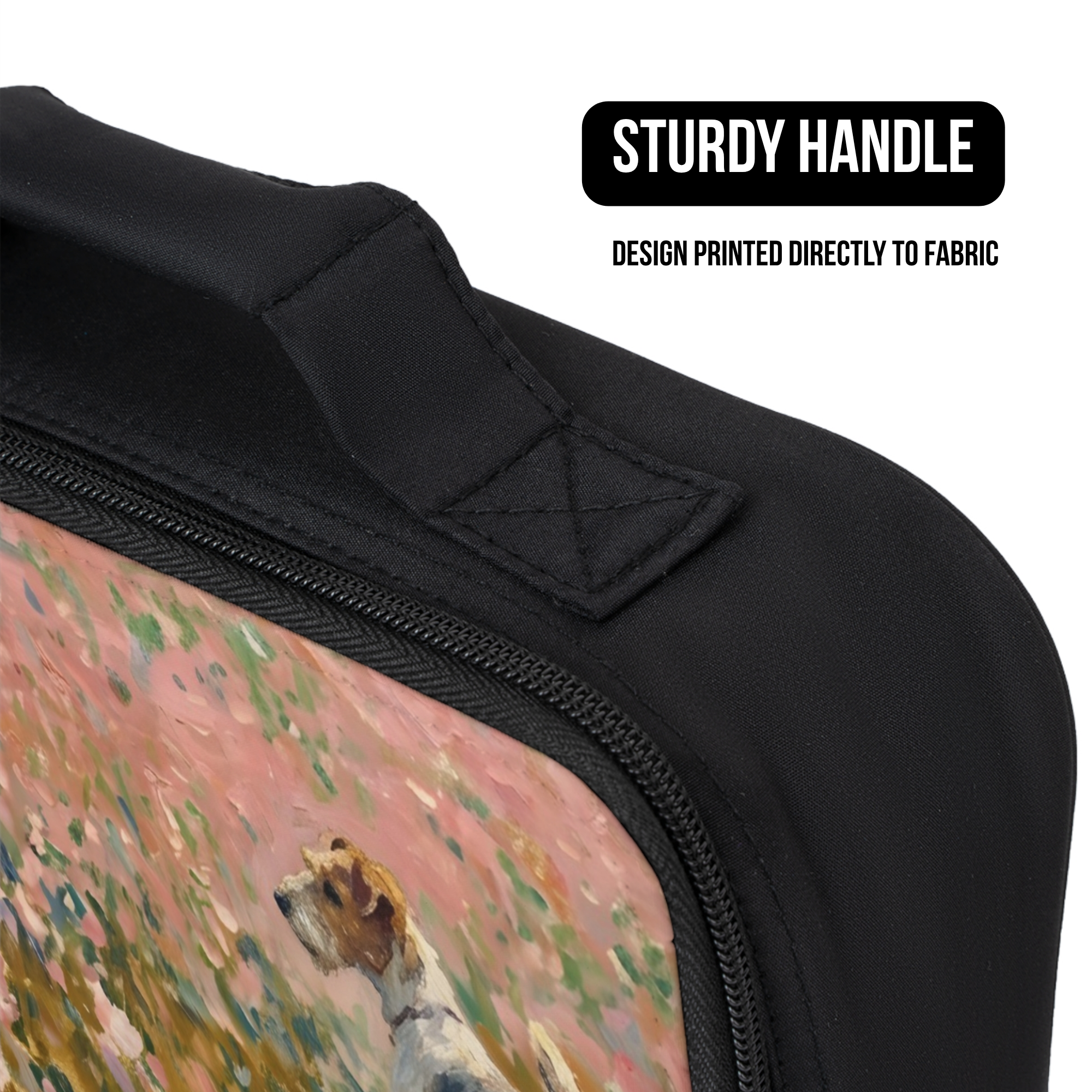 Black lunch bag with a fox terrier dog design on fabric, featuring a sturdy handle.