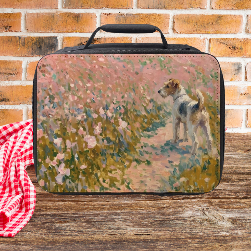 Rectangular lunch bag with a fox terrier dog and floral design on a wooden picnic table and brick wall background