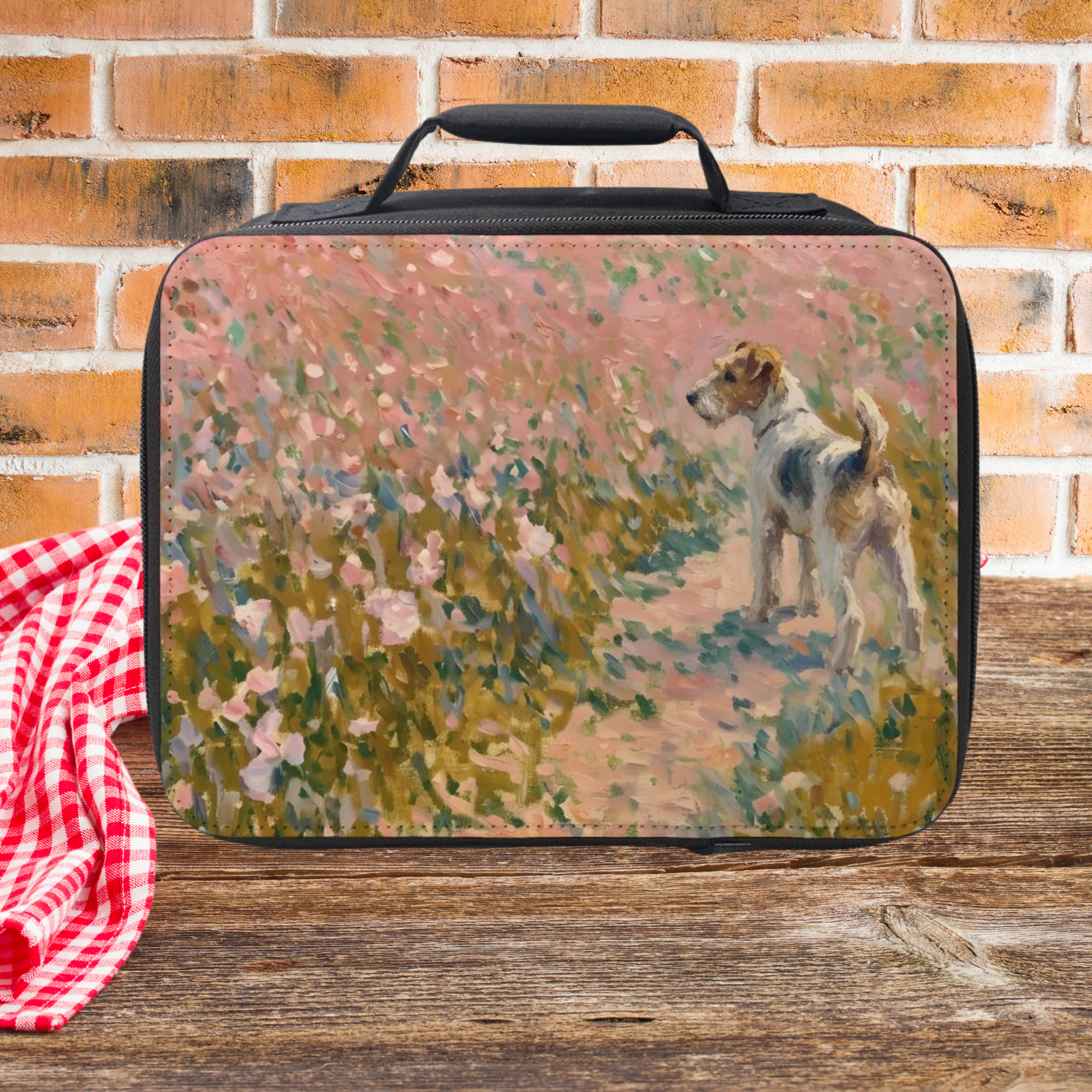 Rectangular lunch bag with a fox terrier dog and floral design on a wooden picnic table and brick wall background