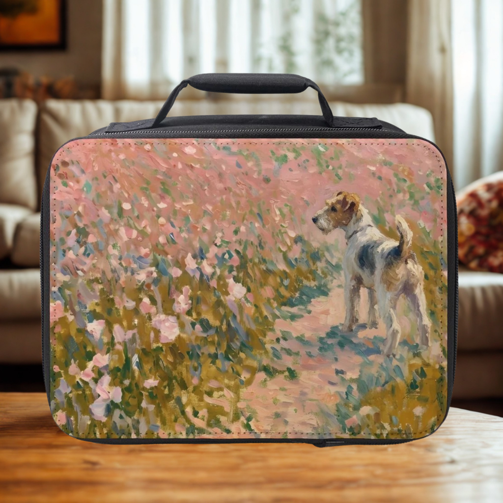 Rectangular lunch box with a fox terrier dog and floral design on a wooden coffee table in a cozy living room.