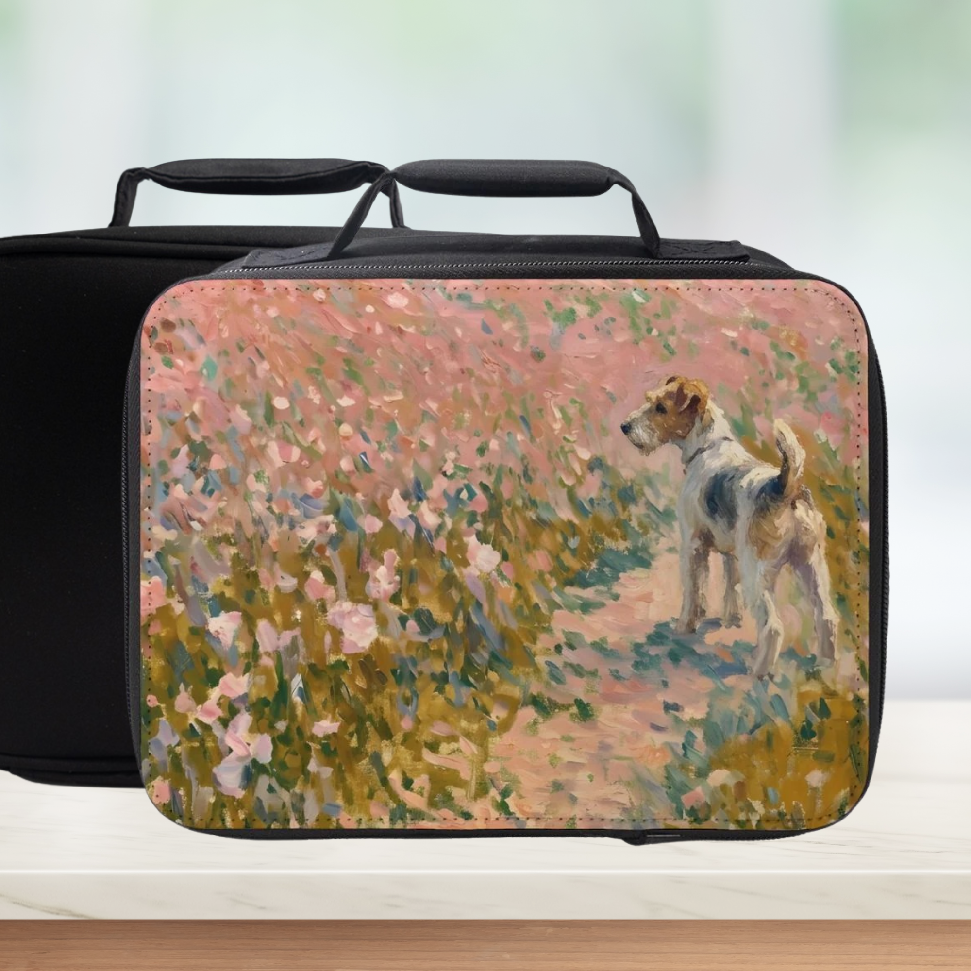 Rectangular lunch bag with a fox terrier dog in a field design on a white surface
