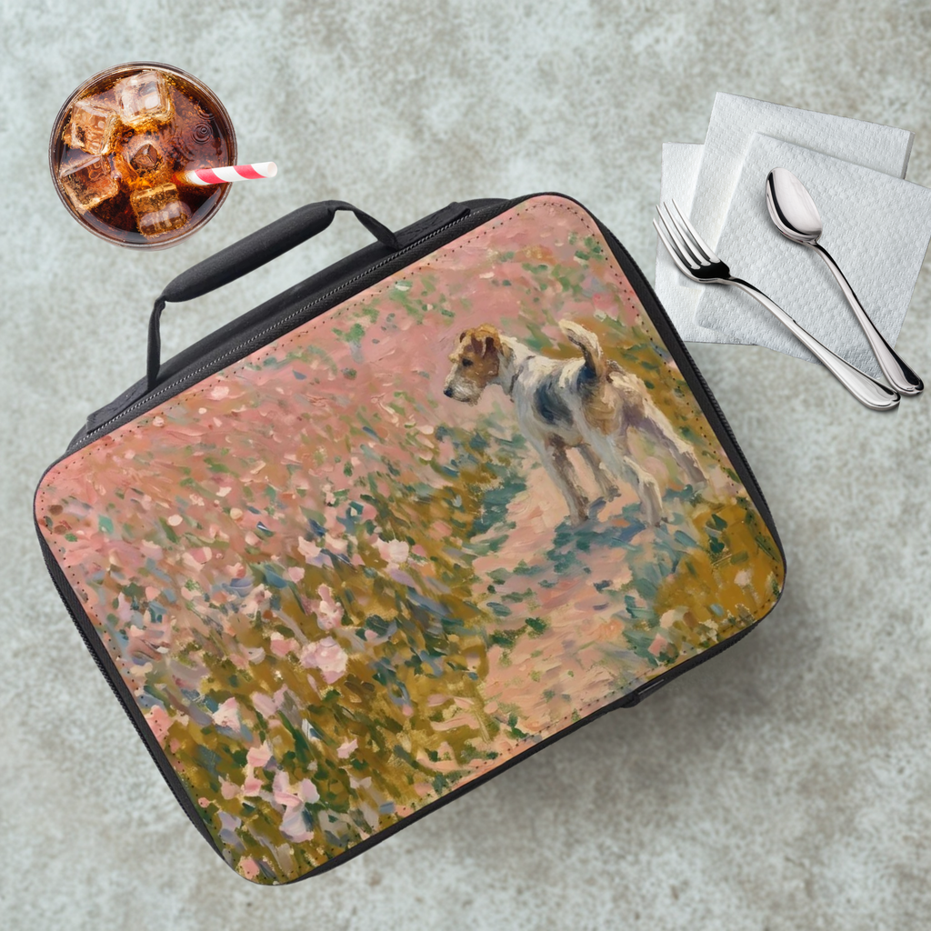 Lunch bag with a fox terrier dog and floral design on a table with a drink and utensils.