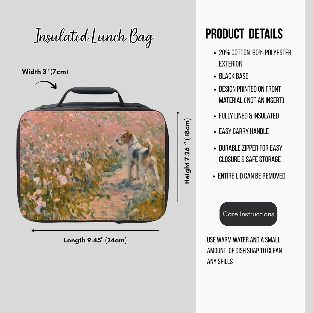 Insulated lunch bag with fox terrier dog design and product details on a white background