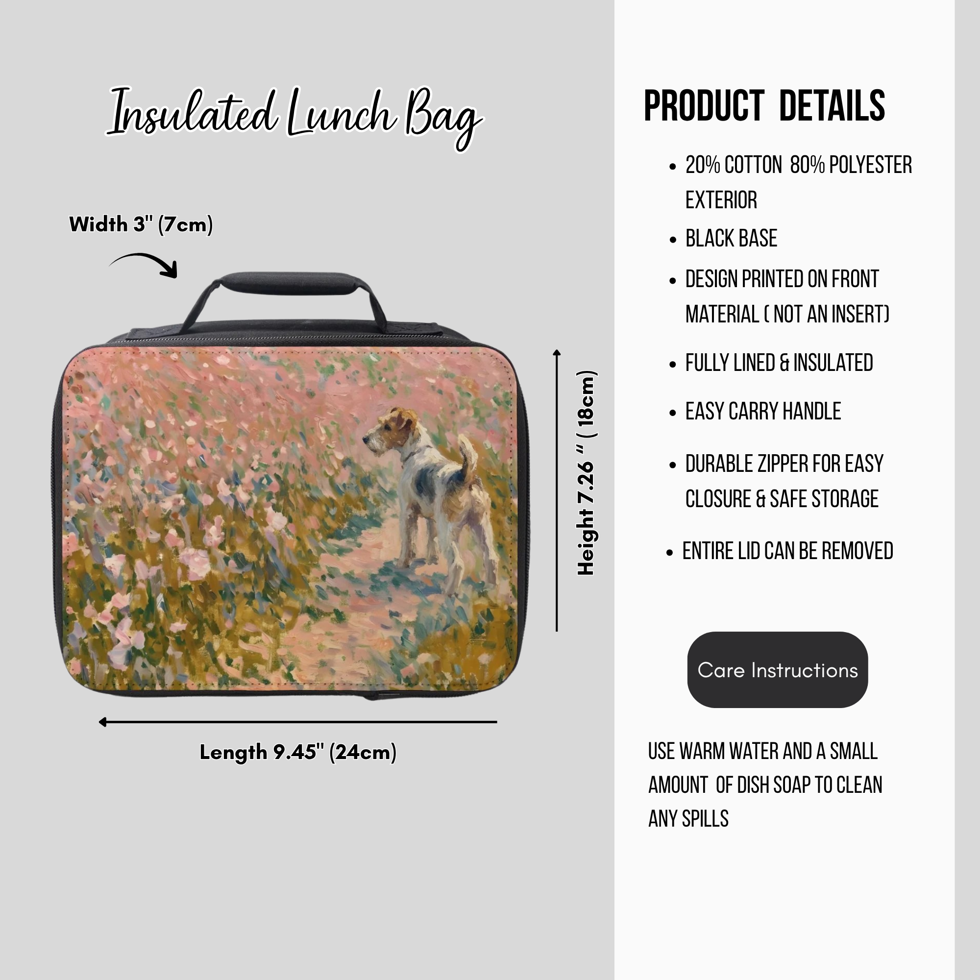 Insulated lunch bag with fox terrier dog design and product details on a white background