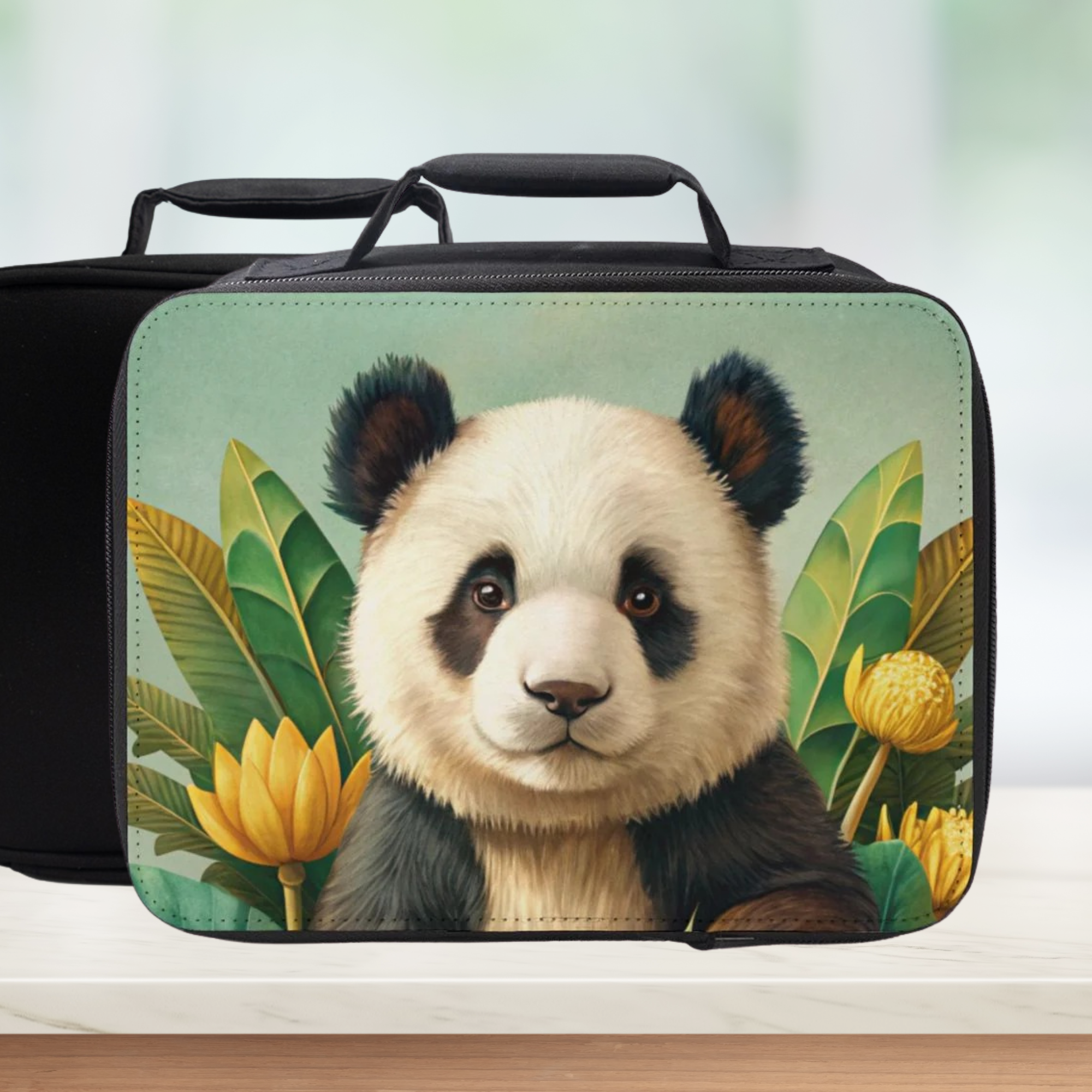  insulated lunch bag with a panda design on a light background