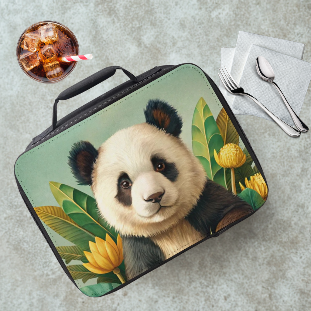 Lunch bag with panda design on a table with a drink and utensils.