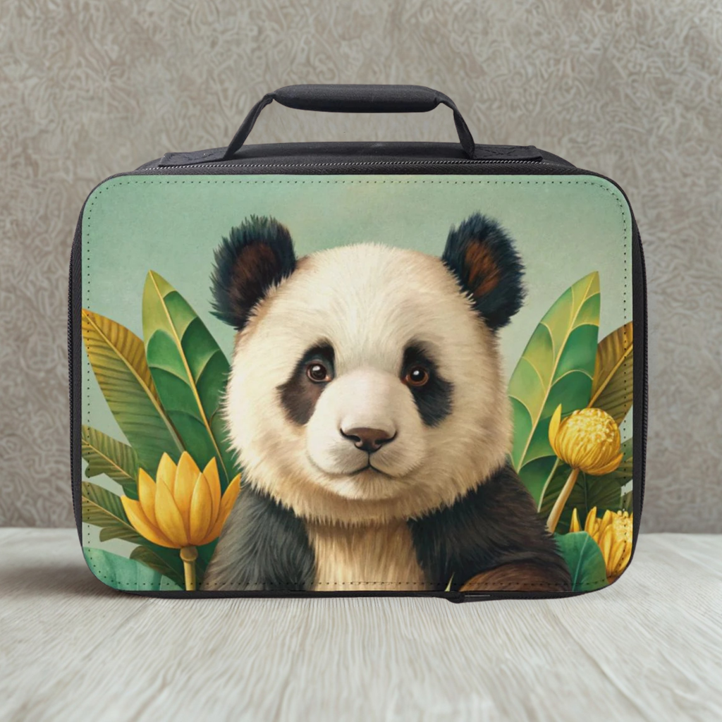  insulated lunch bag with a panda design on a neutral background