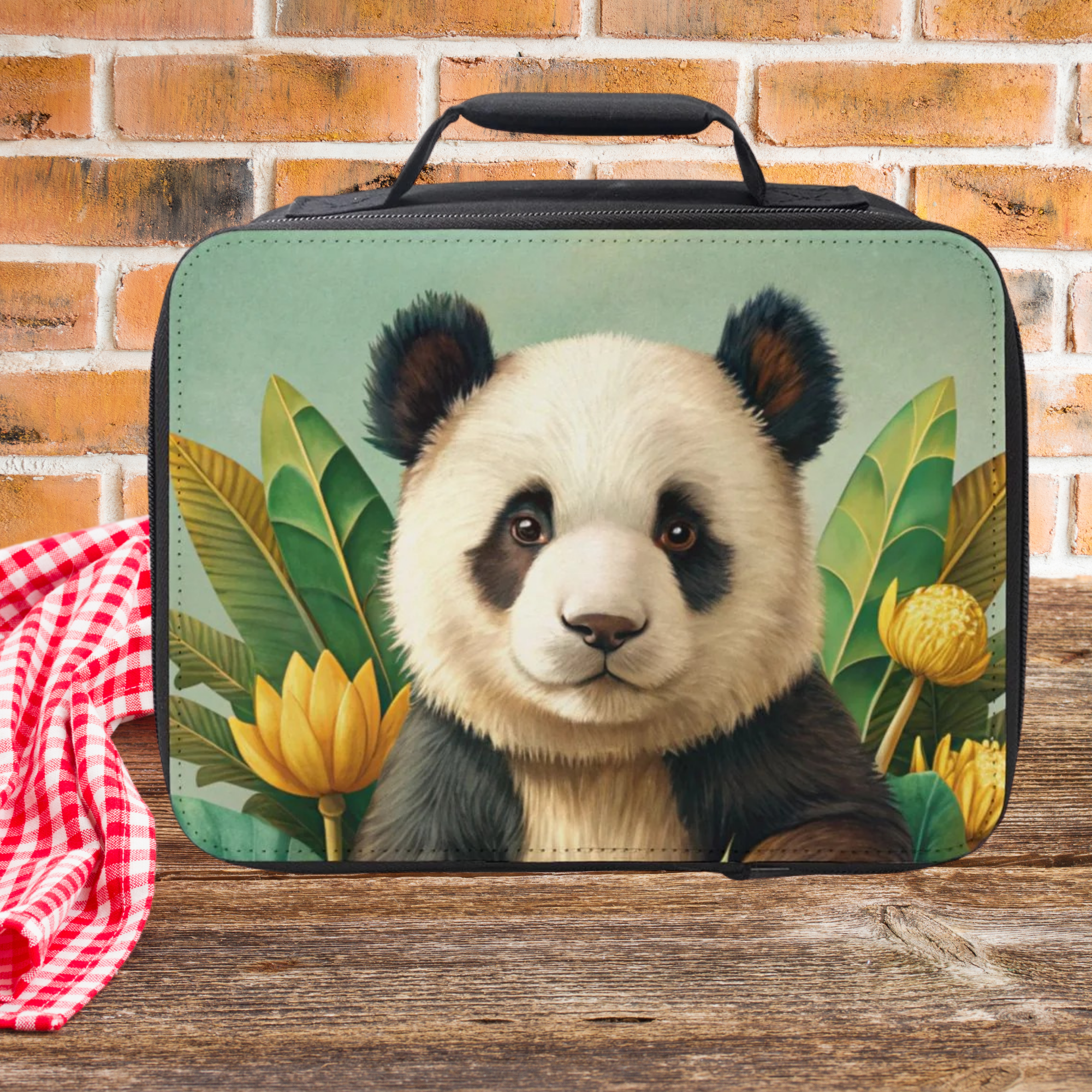 Lunch bag with a panda design on a wooden surface and brick wall background