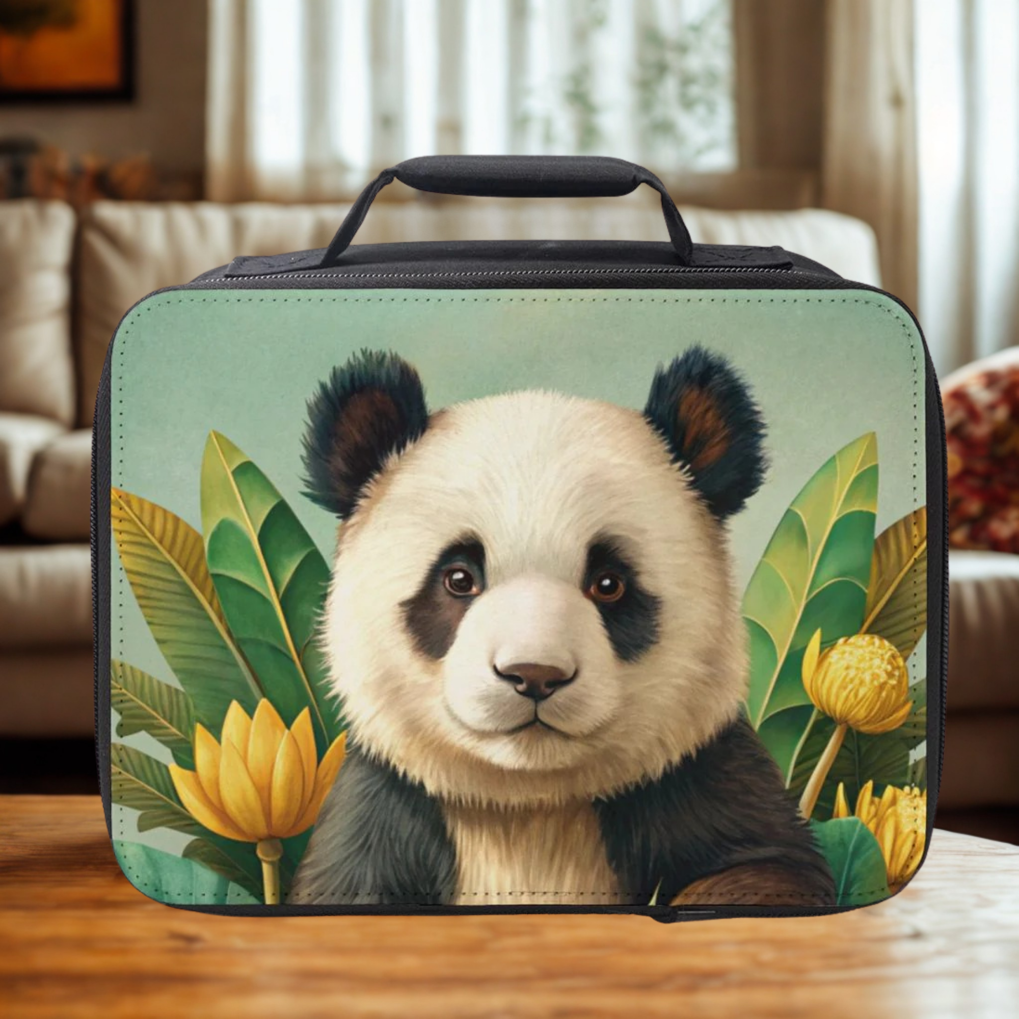  insulated lunch bag with panda design on a wooden table