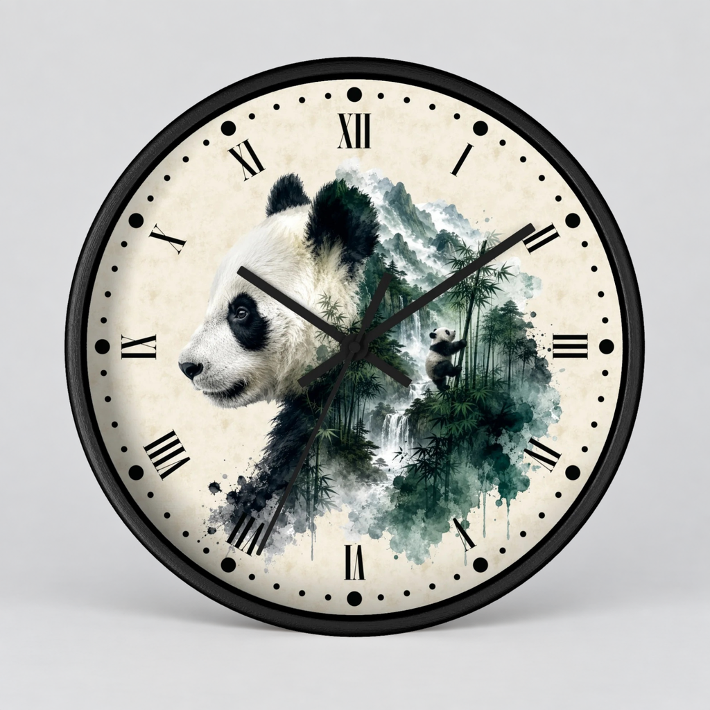 A round wall clock with a black frame and a cream-colored face featuring an artistic panda illustration blended with green bamboo forest scenery. The clock is shown against a neutral light gray background.