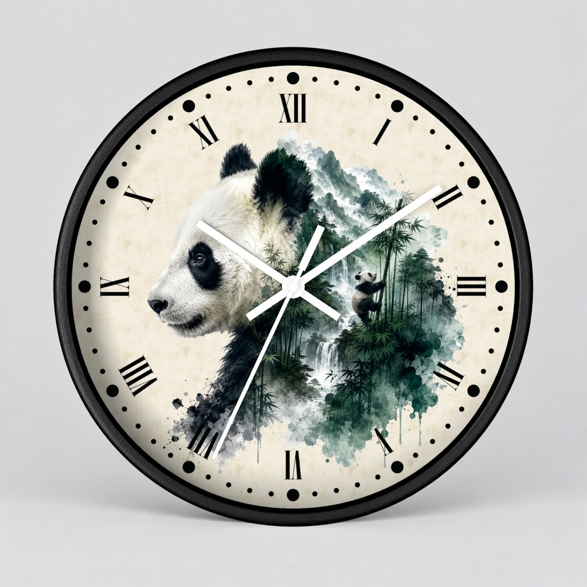 A round wall clock with a black frame and a cream-colored face featuring a watercolor-style panda illustration over green bamboo forest scenery. Roman numerals mark the hours, and the clock hands are white.