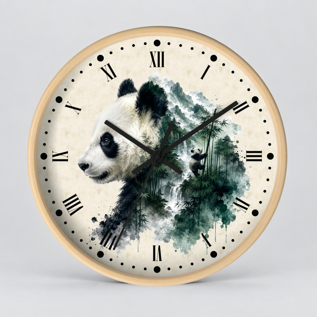 Round wall clock with a light wood frame and a cream dial featuring a panda illustration blended with green watercolor mountains and trees. Black Roman numerals and hands are visible against a light gray studio background.