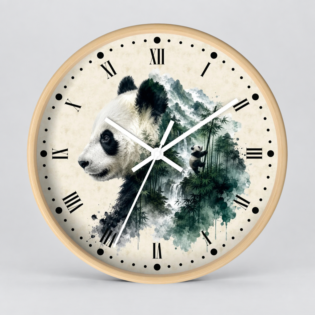 A round wall clock with a light wood frame and a cream-colored face featuring a panda illustration over a green watercolor forest scene. The clock has black Roman numerals and white hands, photographed against a neutral light gray background.
