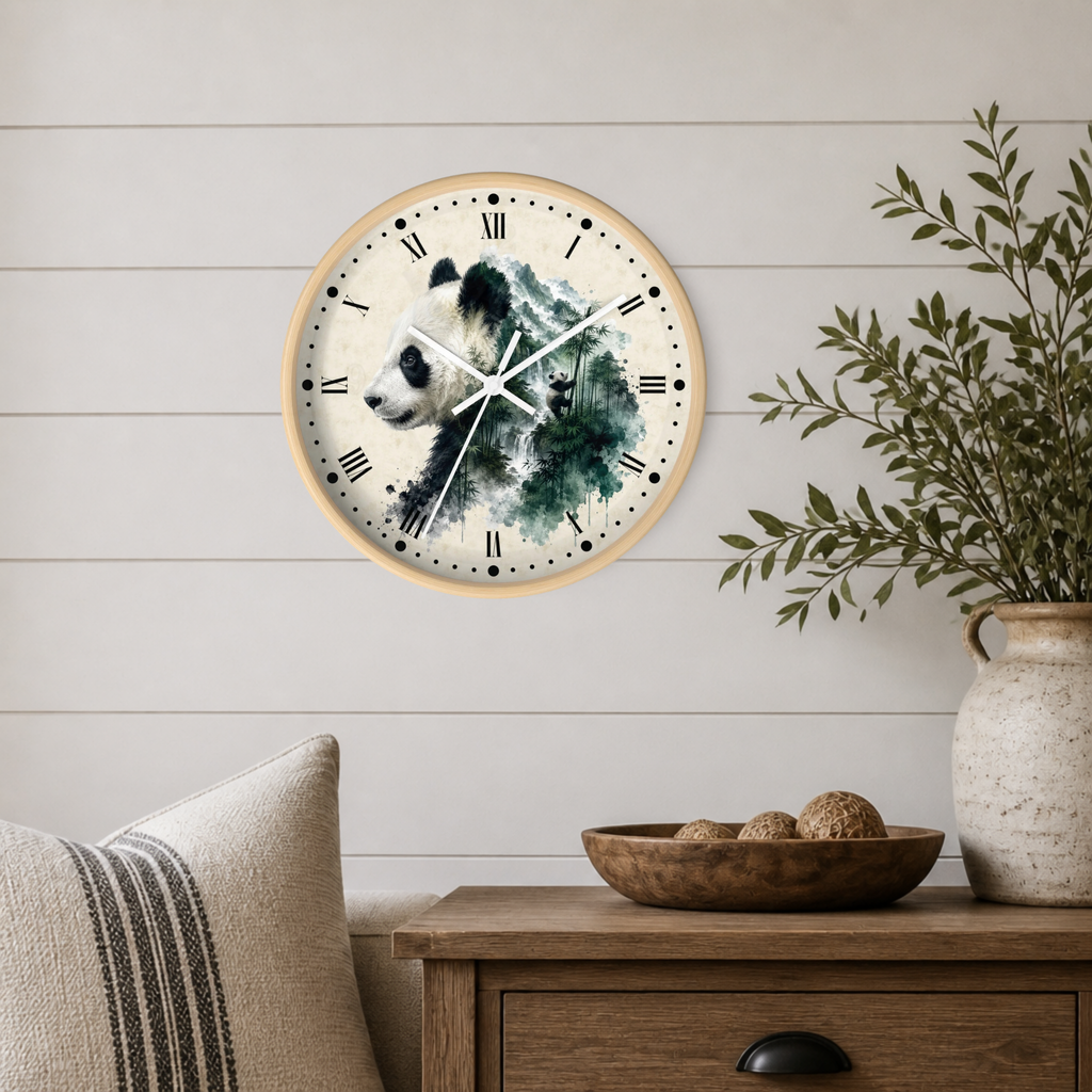 A round wall clock with a watercolor panda illustration and green foliage design, mounted on a white shiplap wall above a wooden side table with a vase and bowl.