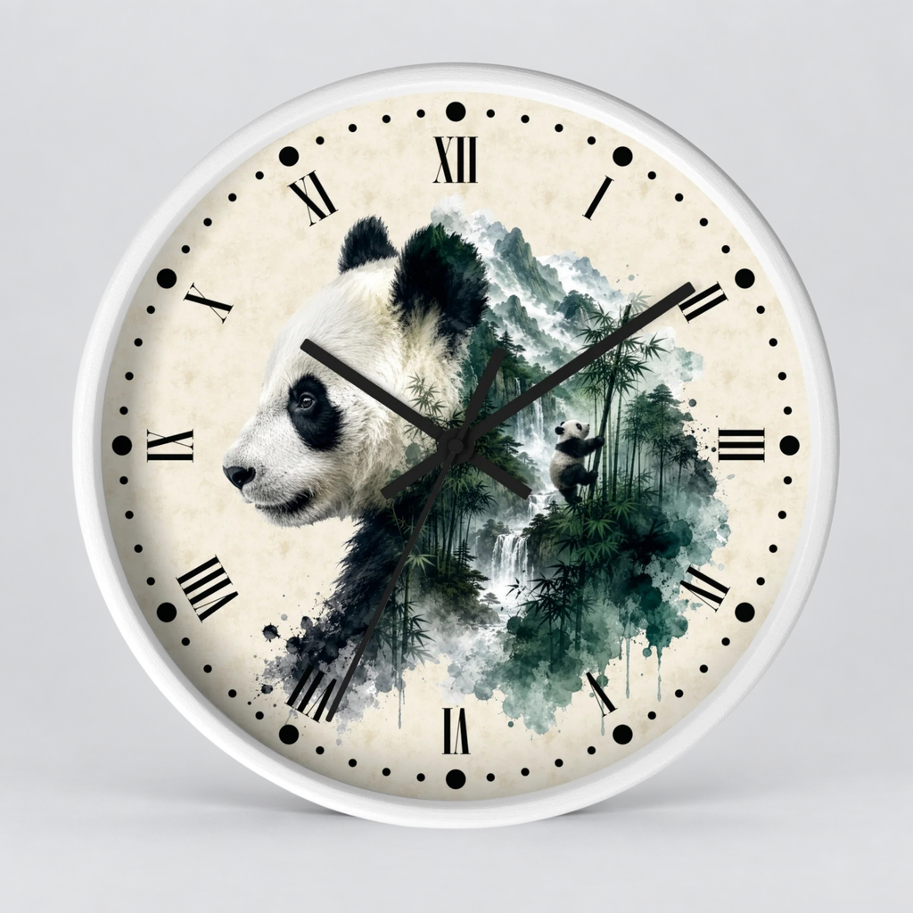 Round wall clock with a white frame and a cream-colored face featuring a watercolor panda illustration over green bamboo mountains, with black Roman numerals and hands.