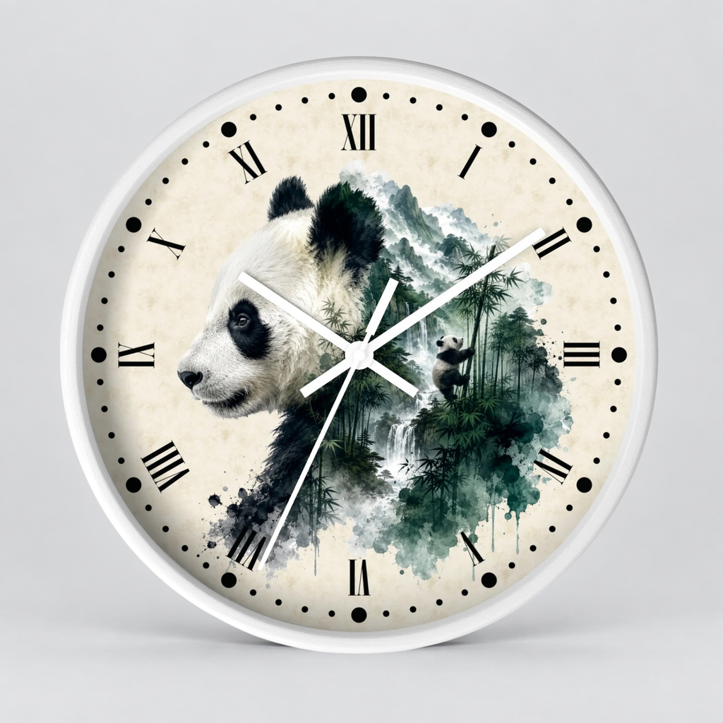 A round wall clock with a white frame and a cream-colored face featuring a panda illustration blended with a green watercolor forest scene. The clock uses black Roman numerals and black dot hour markers with white clock hands.