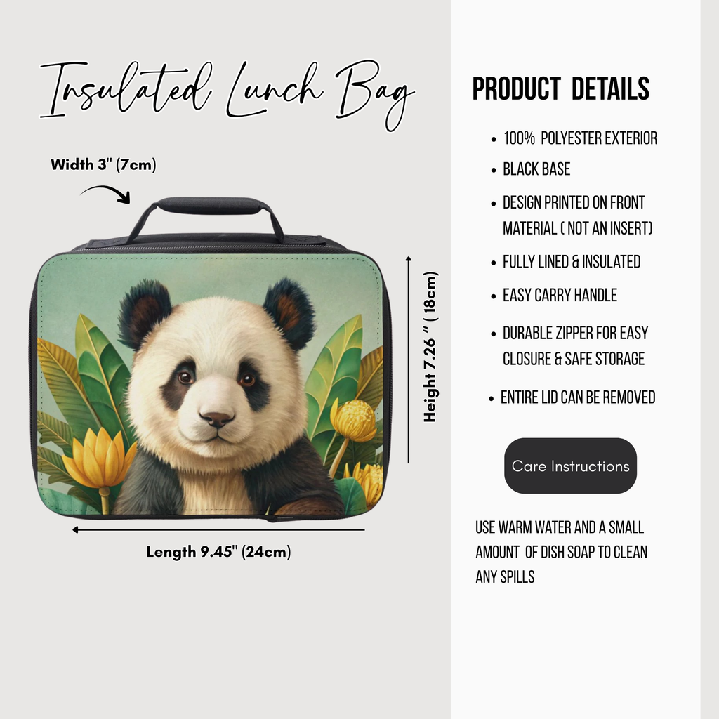 Insulated lunch bag with panda design and product details on a white background
