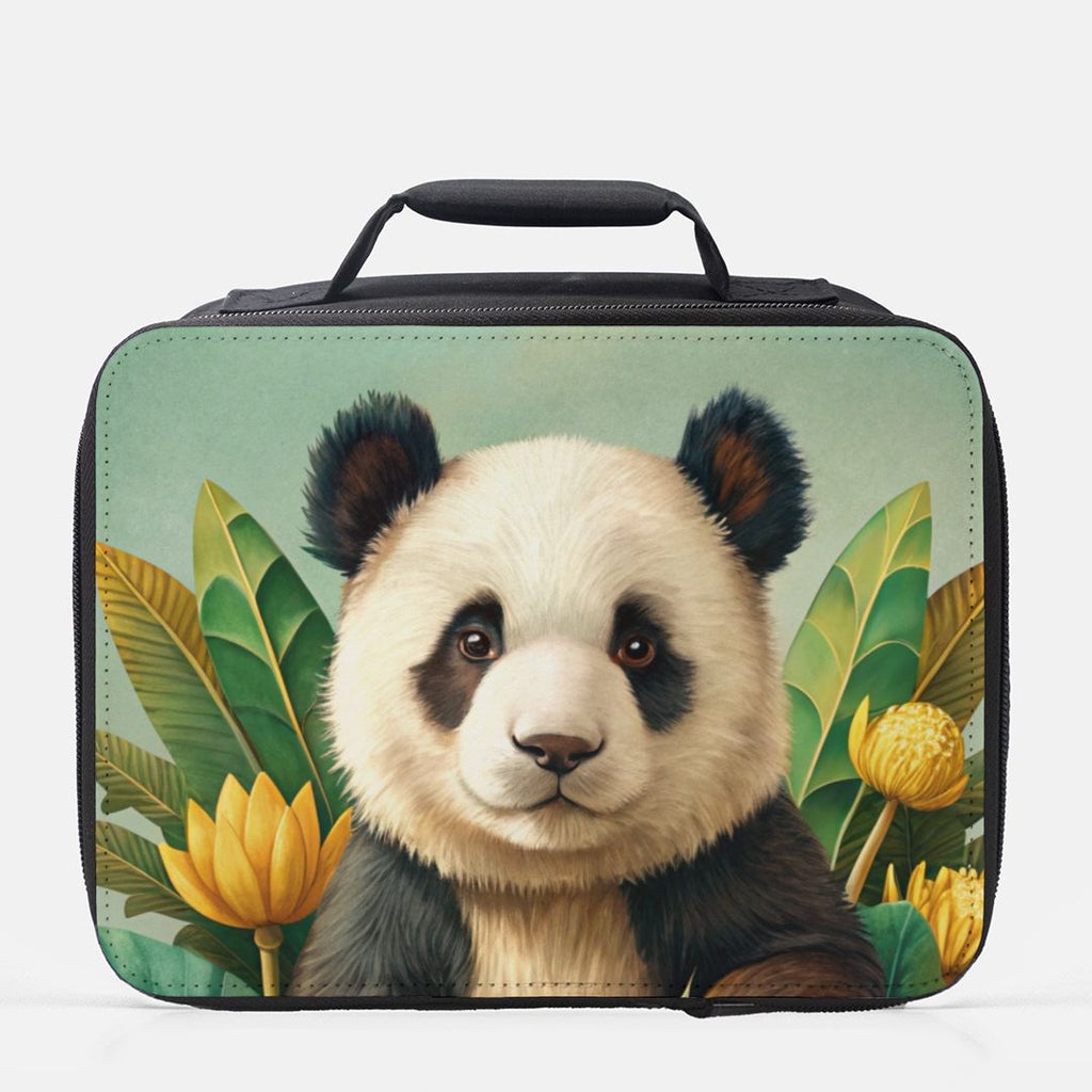 Lunch bag with a panda design on a light green background