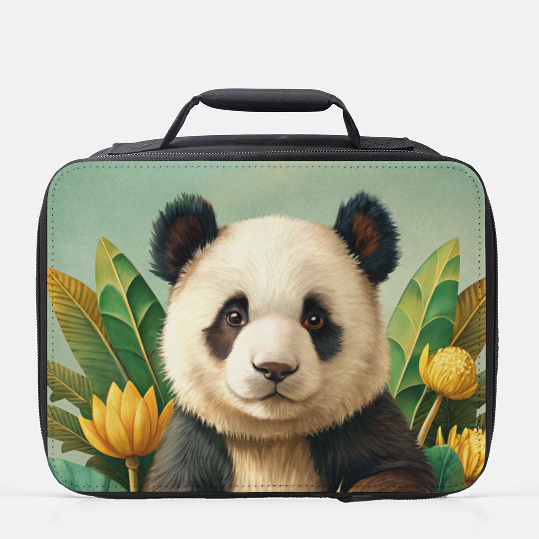 Lunch bag with a panda design on a light green background