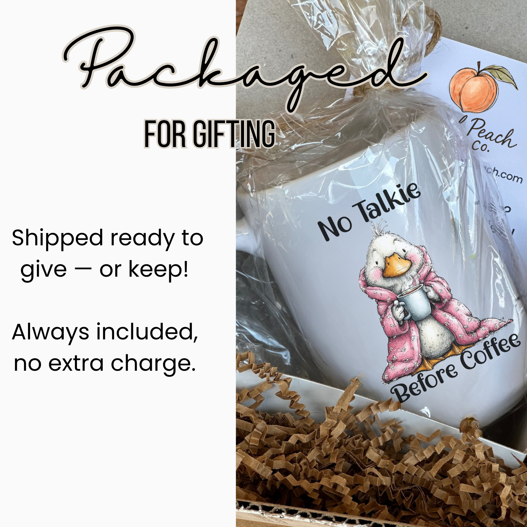 White mug with a cartoon goose design and text 'No Talkie Before Coffee' in a gift-wrapped box.