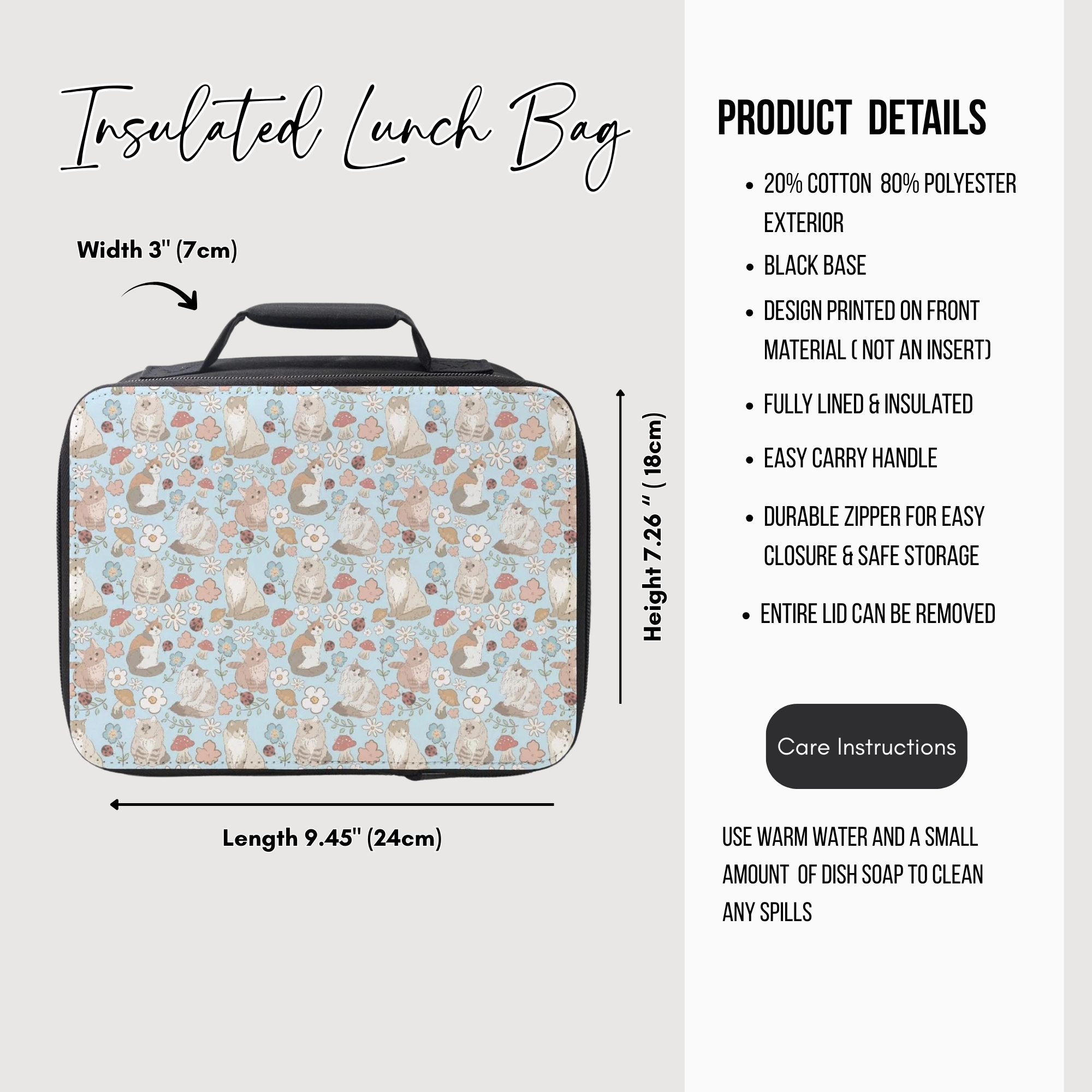 Insulated lunch bag with cat pattern and product details on a white background