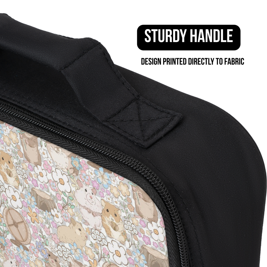 black lunch bag with a floral and animal pattern and and text indicating 'Sturdy Handle' and 'Design Printed Directly to Fabric'.