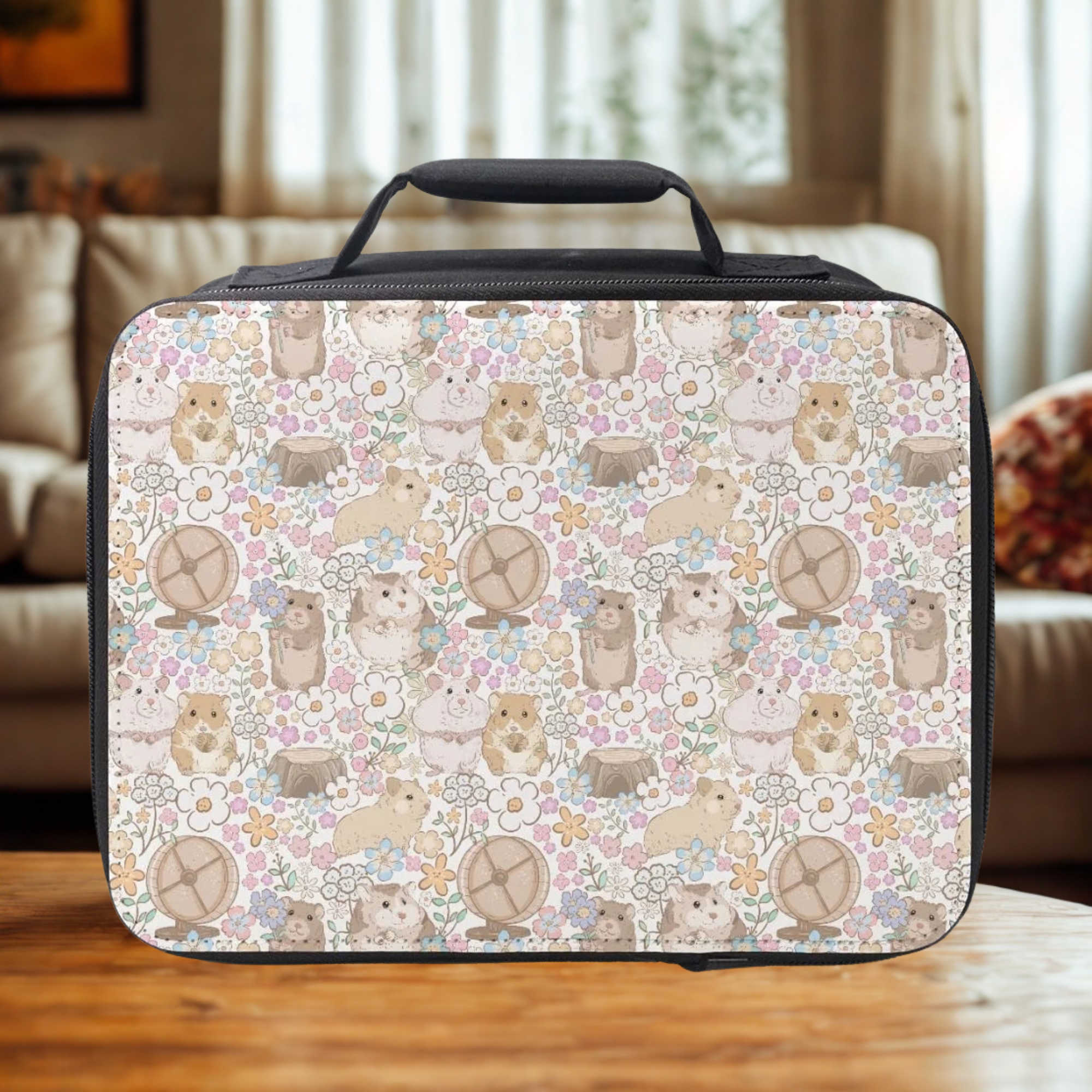 Lunch bag with hamster and flowers pattern on a wooden table in a cozy living room.