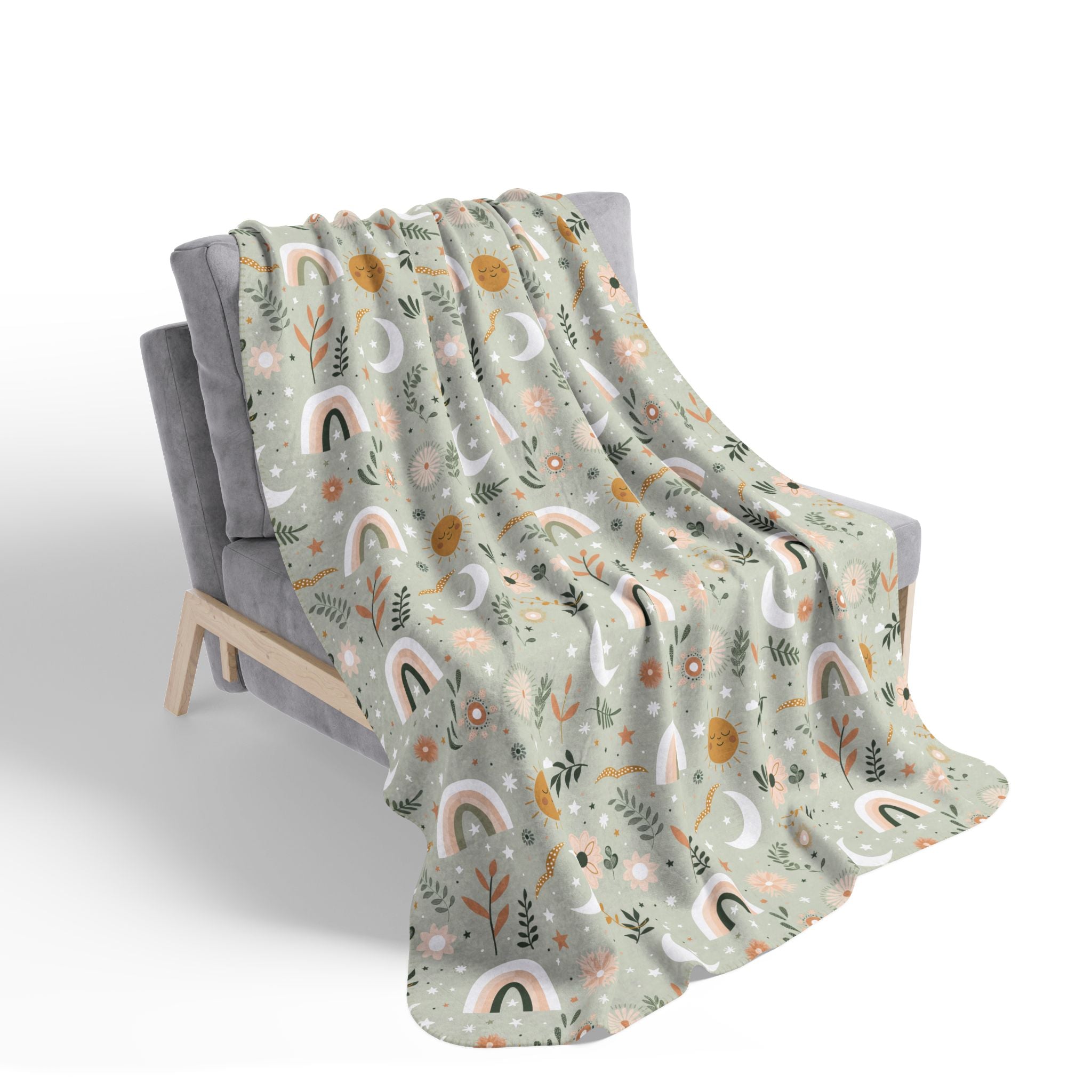 Floral Rainbow patterned blanket draped over a chair on a white background