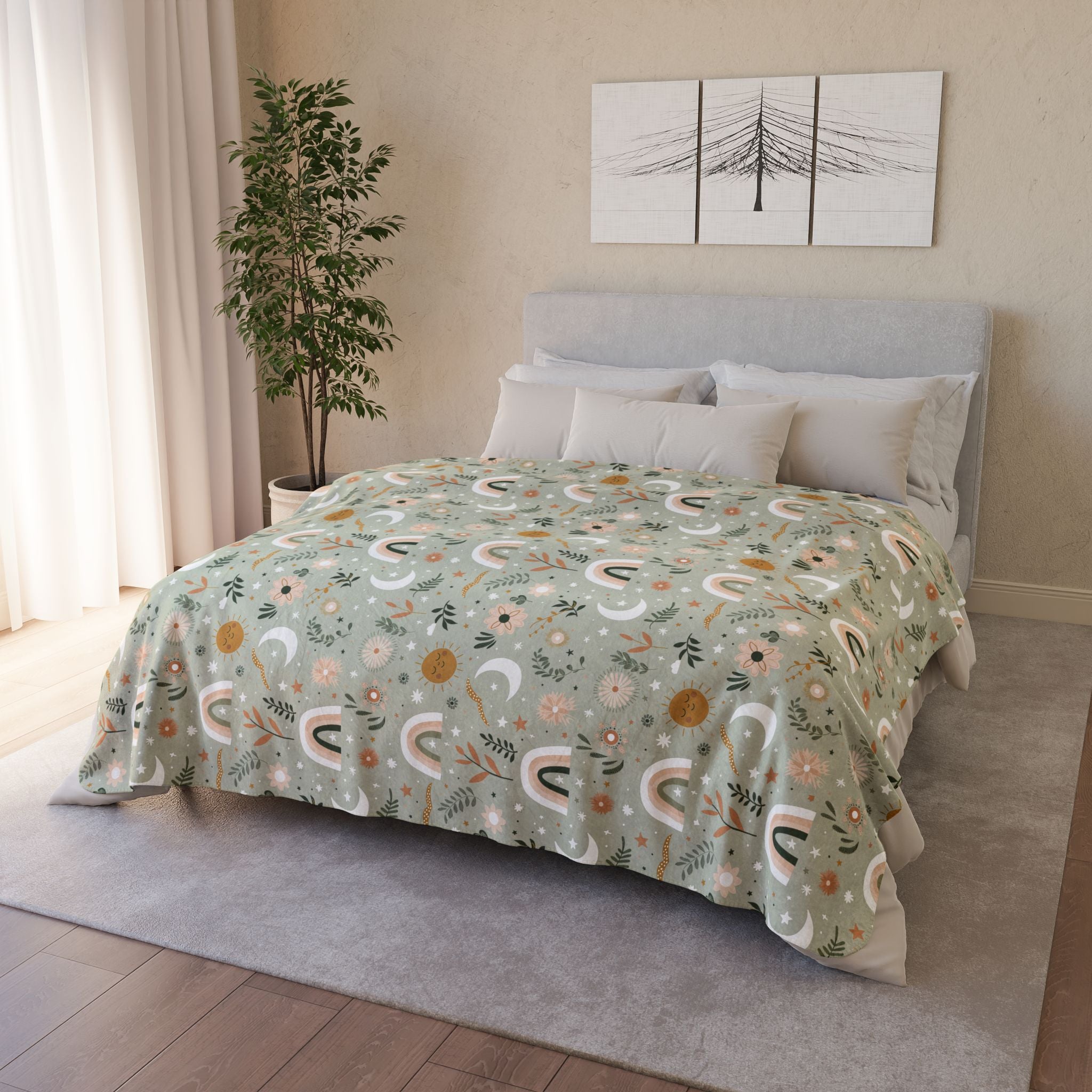 Bedroom with a bed covered in a boho floral-patterned blanket, light-colored walls, and a plant.