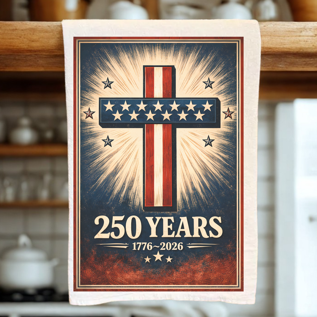 Decorative towel with a cross design and '250 Years' text in a kitchen setting