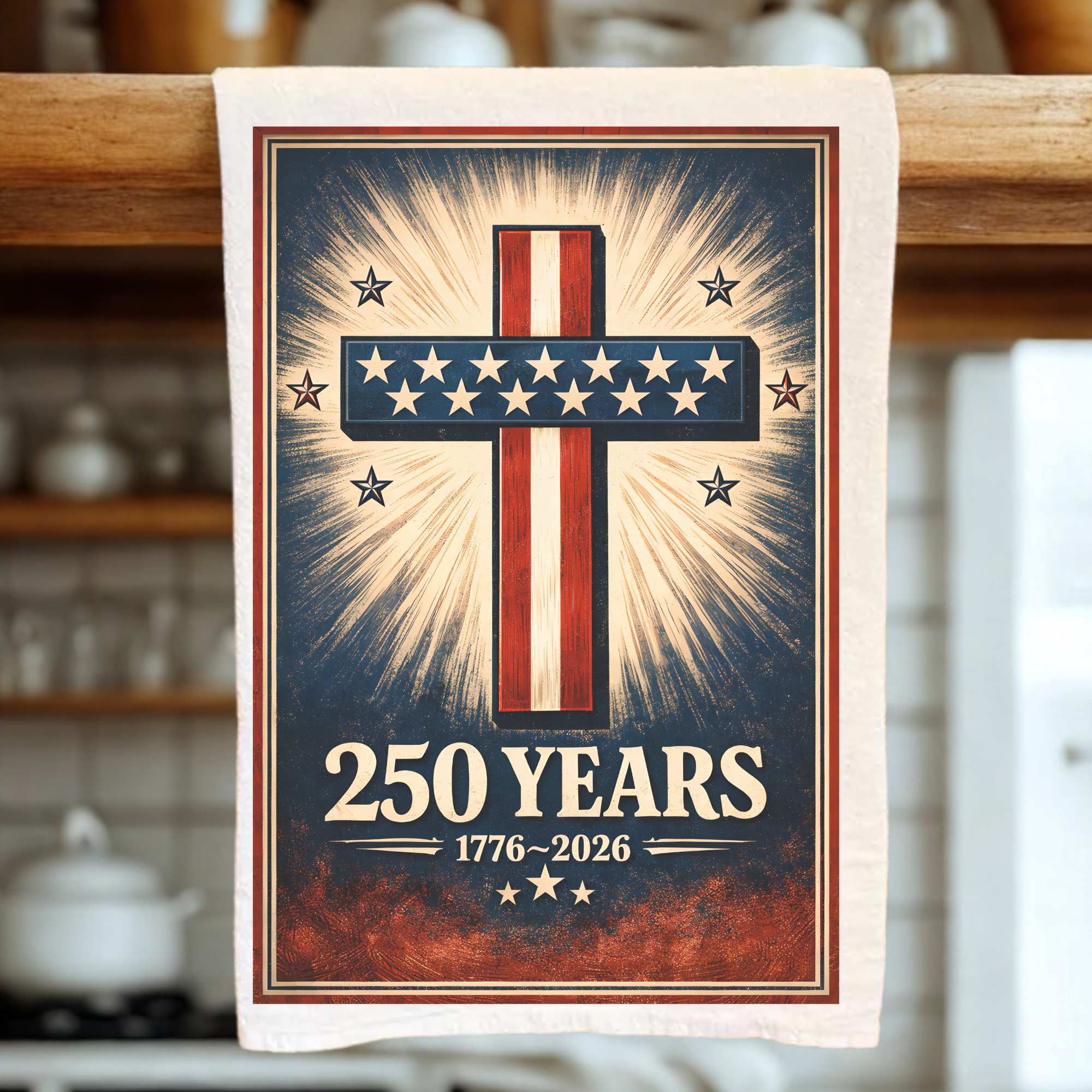 Decorative towel with a cross design and '250 Years' text in a kitchen setting