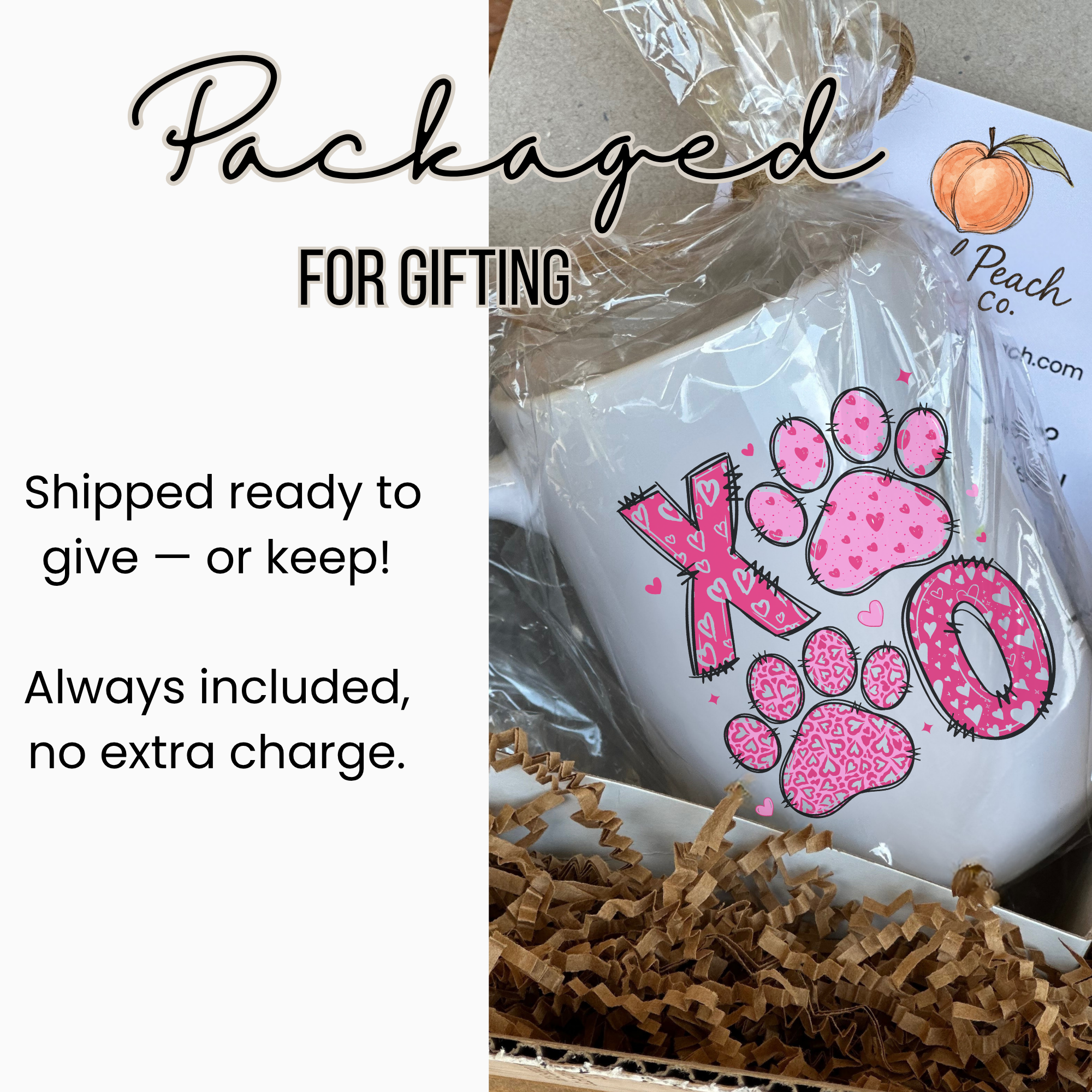 White mug with pink paw prints and text 'Peach Co.' in a clear package.
