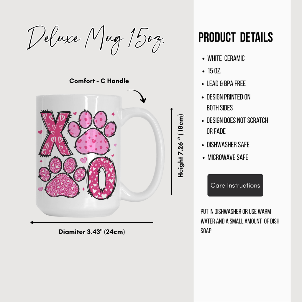 White mug with pink paw print design and product details on a white background