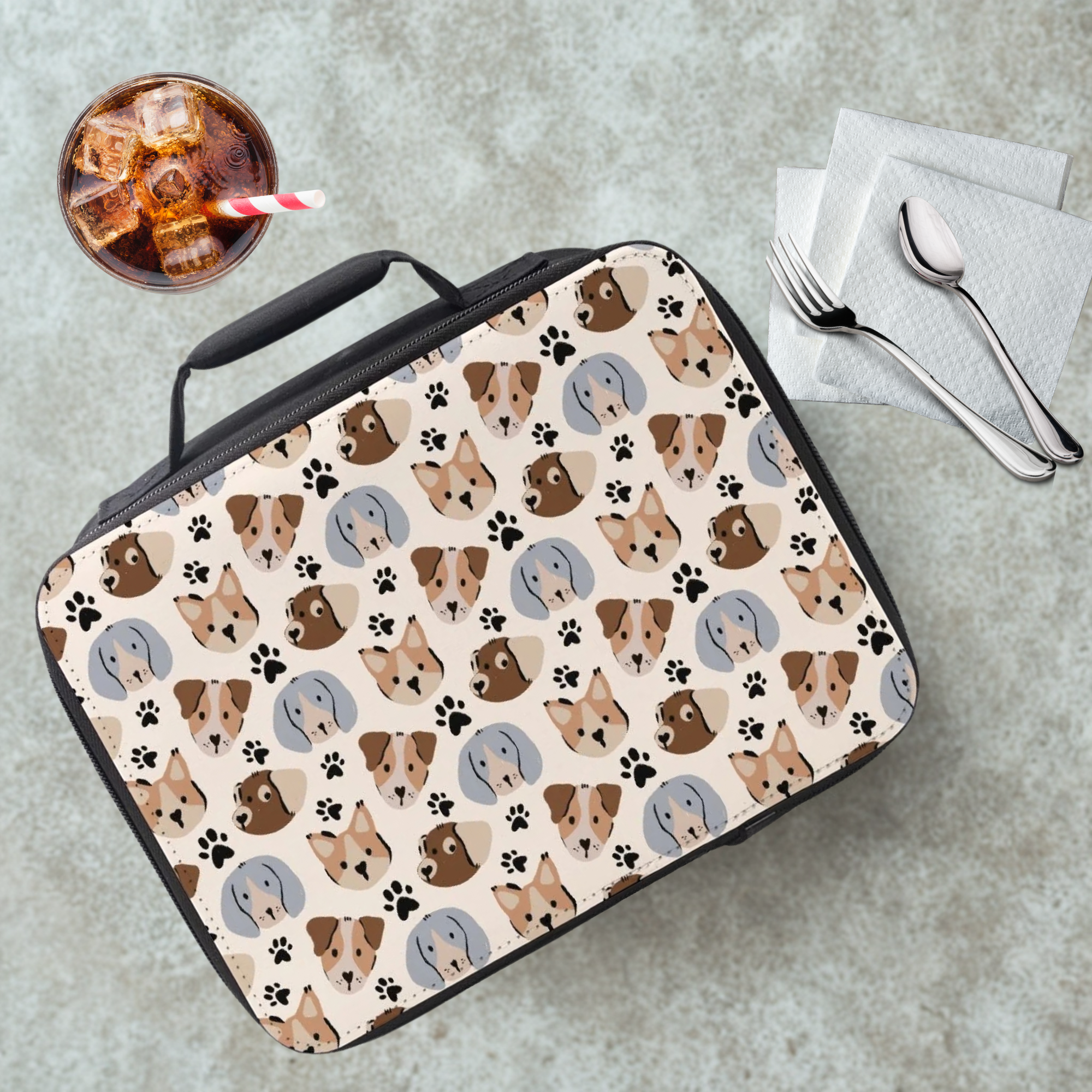  insulated lunch bag with dog pattern on a cafeteria table with a drink and utensils