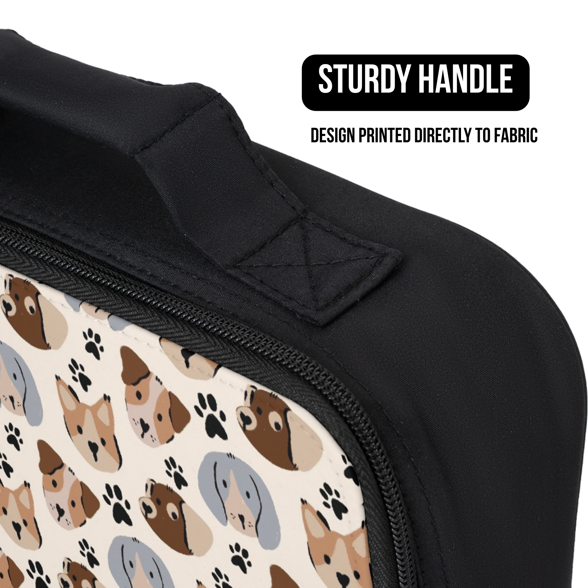 Black lunch bag with dog pattern and 'Sturdy Handle' text on a white background