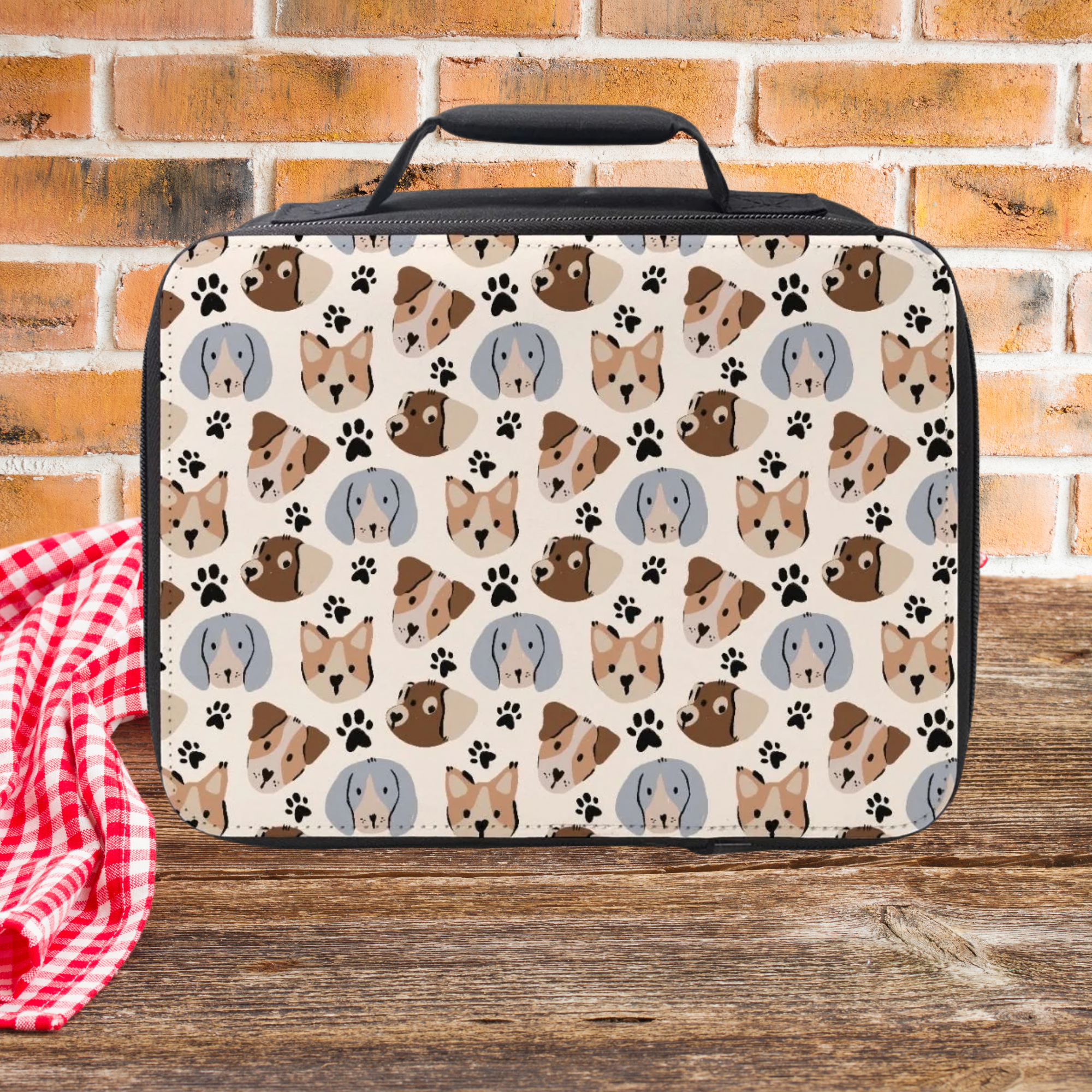 Insulated lunch bag with dog pattern on a wooden picnic table against a brick wall background