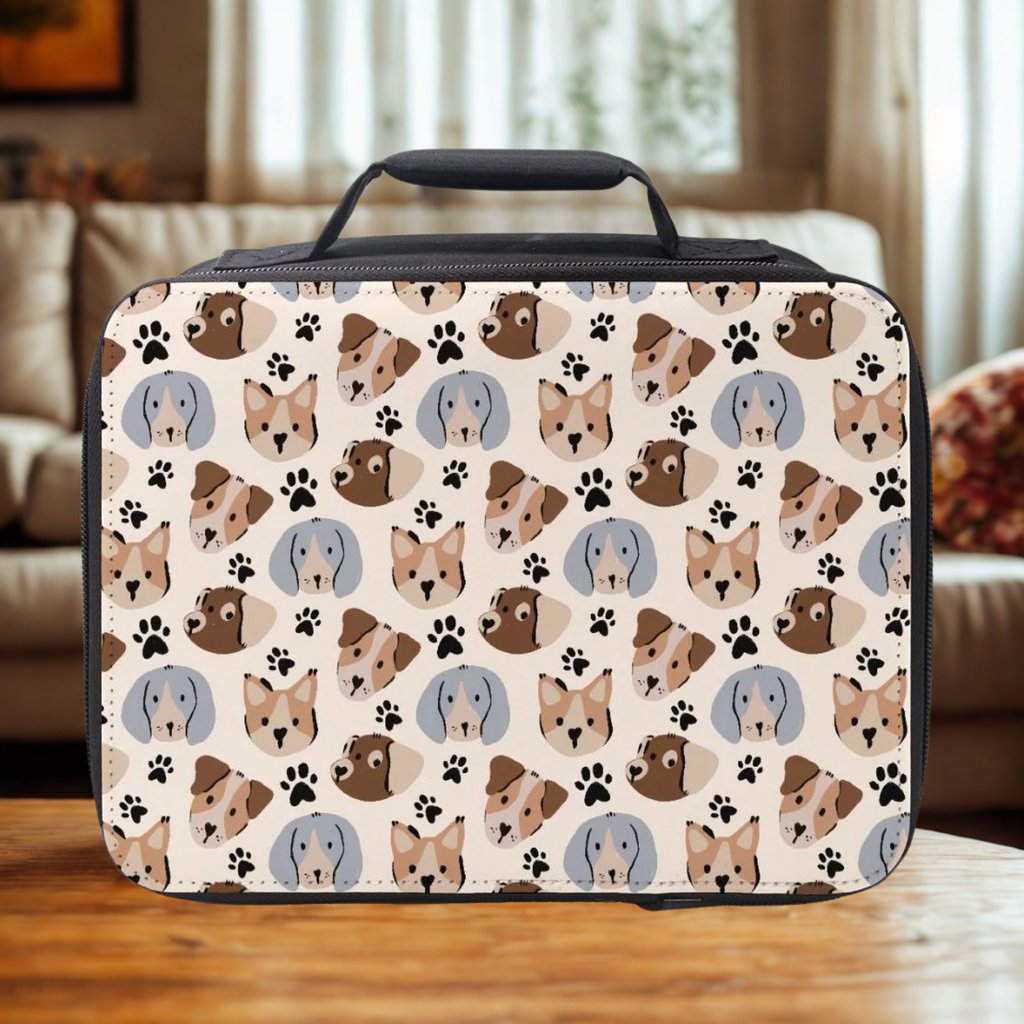  insulated lunch bag with dog pattern on a wooden table in a cozy living room
