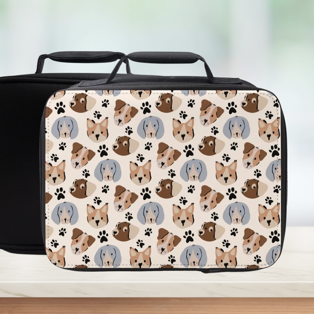lunch bag with dog pattern on a wooden surface and a light background