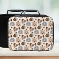 lunch bag with dog pattern on a wooden surface and a light background