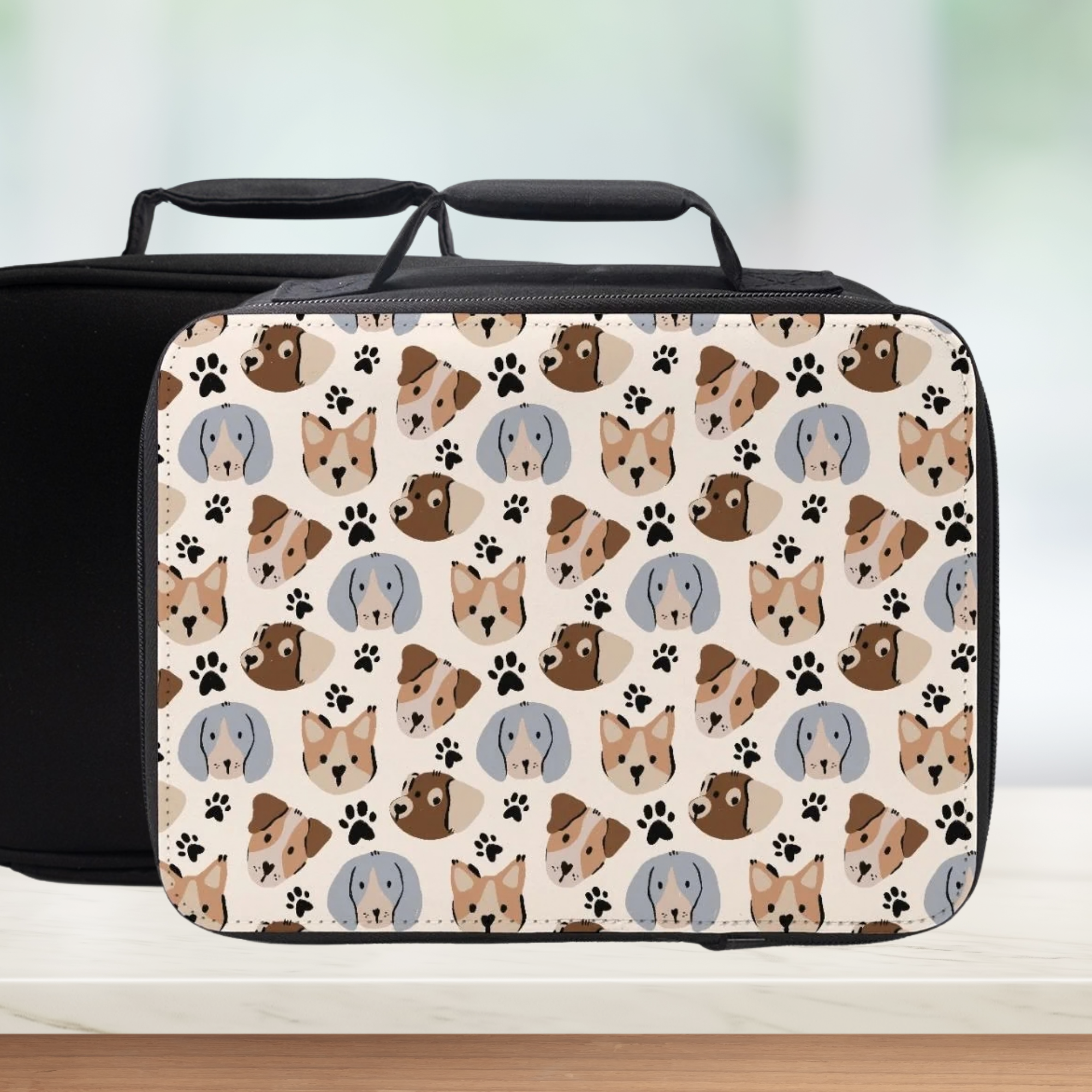 lunch bag with dog pattern on a wooden surface and a light background