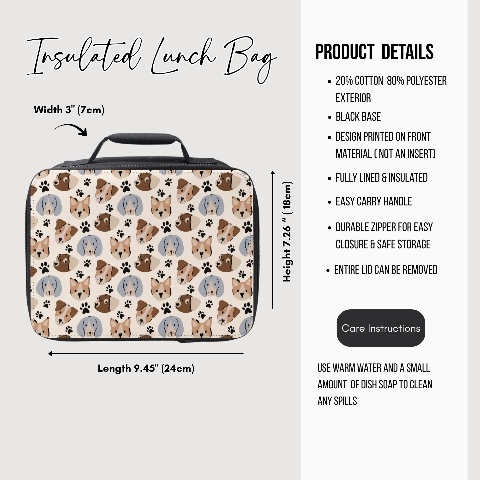 Insulated lunch bag with dog pattern and product details on a white background