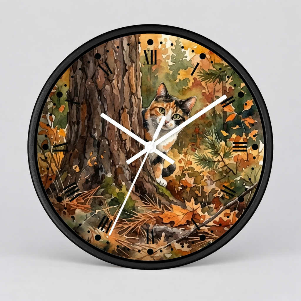 A round wall clock with a black frame and a printed autumn forest design featuring a calico cat near a tree trunk. The clock face includes Roman numerals and white hands, shown against a light gray background.