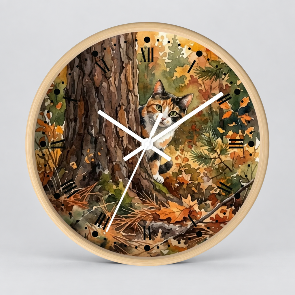 Round wall clock with a light wood frame and a printed autumn forest design featuring a calico cat peeking among trees and fallen leaves. The clock face has Roman numerals and white hands on a light gray background.