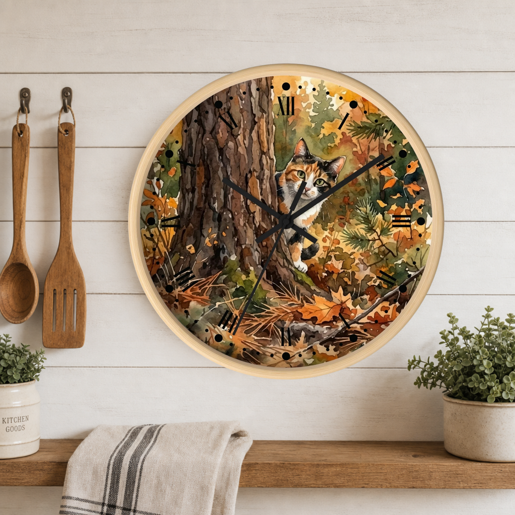A round wall clock with a light wood frame hangs on a white shiplap kitchen wall above a wooden shelf. The clock face features a detailed watercolor illustration of a peeking calico cat sitting in an autumn forest with pine trees, fallen leaves, and pine needles.